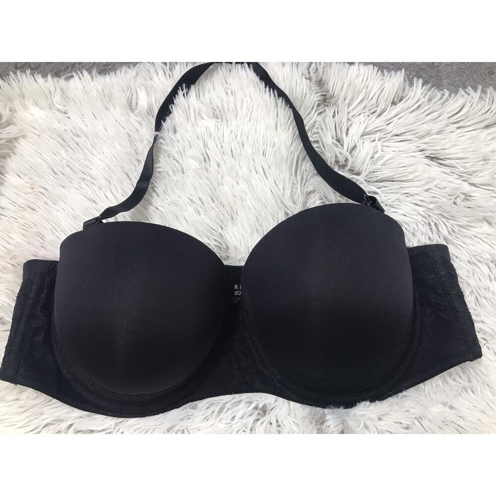 Women's Torrid Curve Black Strapless Push-Up Bra Sz 38DD Lace Trim Silicone Grip